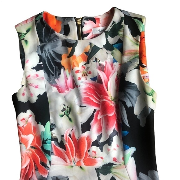 Calvin Klein Summer Sheath Dress Sz. 4 Bright Floral Fitted Exposed Back Zipper - Picture 3 of 6